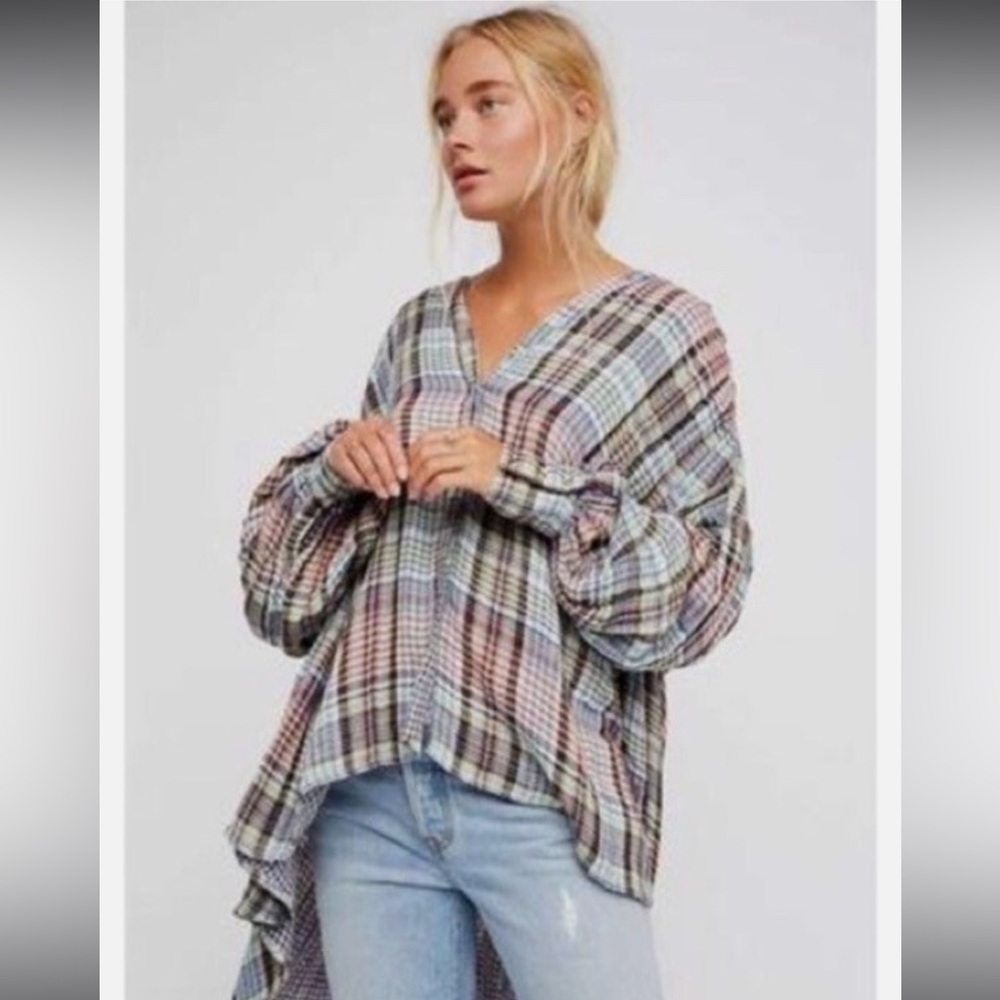 Free People Come On Over Plaid Pleated Oversized Button Up Top size small